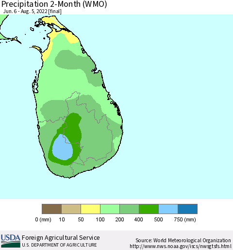 Sri Lanka Precipitation 2-Month (WMO) Thematic Map For 6/6/2022 - 8/5/2022