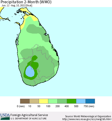 Sri Lanka Precipitation 2-Month (WMO) Thematic Map For 6/11/2022 - 8/10/2022