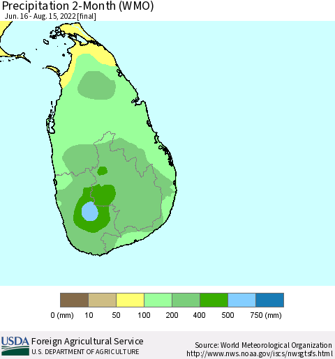 Sri Lanka Precipitation 2-Month (WMO) Thematic Map For 6/16/2022 - 8/15/2022