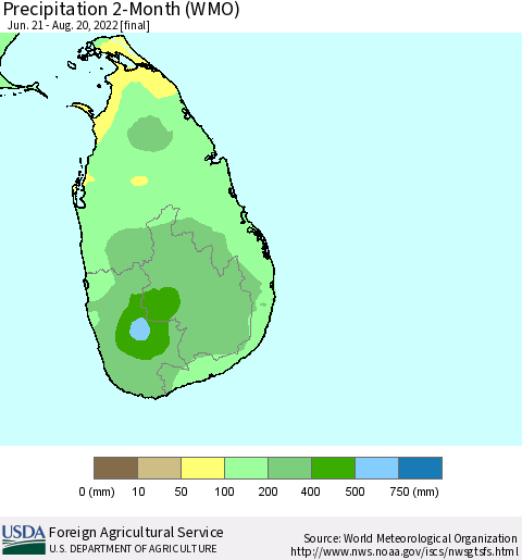 Sri Lanka Precipitation 2-Month (WMO) Thematic Map For 6/21/2022 - 8/20/2022