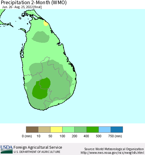 Sri Lanka Precipitation 2-Month (WMO) Thematic Map For 6/26/2022 - 8/25/2022