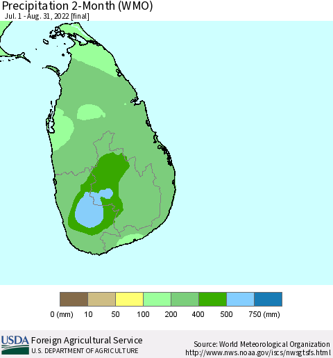 Sri Lanka Precipitation 2-Month (WMO) Thematic Map For 7/1/2022 - 8/31/2022