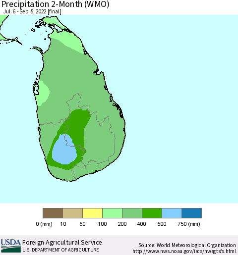 Sri Lanka Precipitation 2-Month (WMO) Thematic Map For 7/6/2022 - 9/5/2022