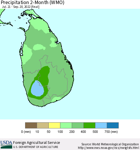 Sri Lanka Precipitation 2-Month (WMO) Thematic Map For 7/21/2022 - 9/20/2022