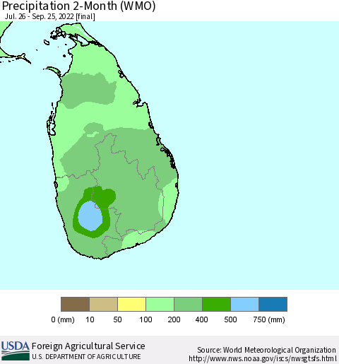 Sri Lanka Precipitation 2-Month (WMO) Thematic Map For 7/26/2022 - 9/25/2022