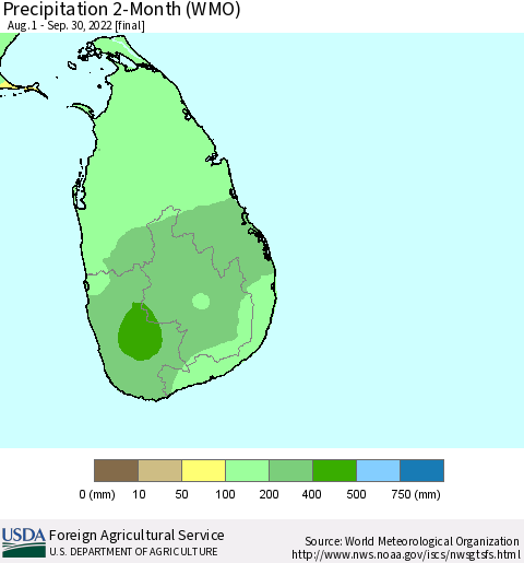 Sri Lanka Precipitation 2-Month (WMO) Thematic Map For 8/1/2022 - 9/30/2022