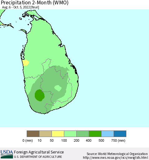 Sri Lanka Precipitation 2-Month (WMO) Thematic Map For 8/6/2022 - 10/5/2022