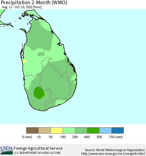 Sri Lanka Precipitation 2-Month (WMO) Thematic Map For 8/11/2022 - 10/10/2022