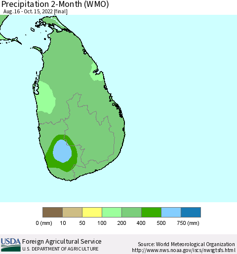 Sri Lanka Precipitation 2-Month (WMO) Thematic Map For 8/16/2022 - 10/15/2022