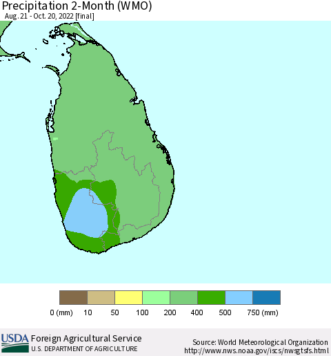 Sri Lanka Precipitation 2-Month (WMO) Thematic Map For 8/21/2022 - 10/20/2022