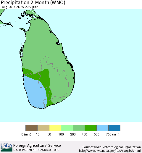 Sri Lanka Precipitation 2-Month (WMO) Thematic Map For 8/26/2022 - 10/25/2022