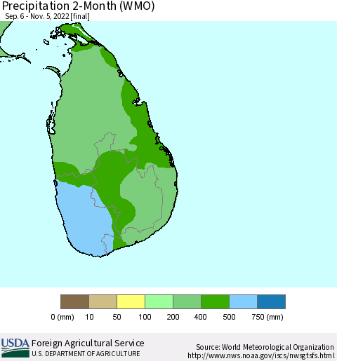 Sri Lanka Precipitation 2-Month (WMO) Thematic Map For 9/6/2022 - 11/5/2022