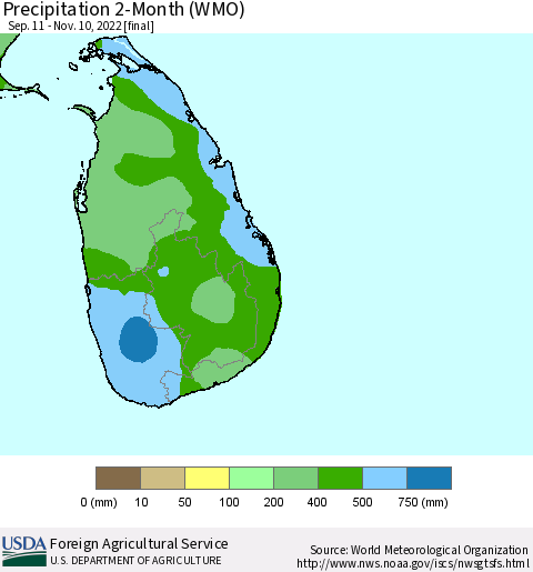 Sri Lanka Precipitation 2-Month (WMO) Thematic Map For 9/11/2022 - 11/10/2022