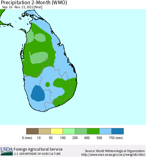 Sri Lanka Precipitation 2-Month (WMO) Thematic Map For 9/16/2022 - 11/15/2022