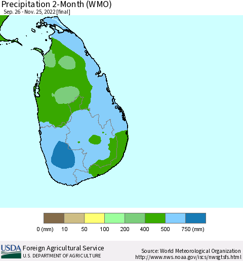 Sri Lanka Precipitation 2-Month (WMO) Thematic Map For 9/26/2022 - 11/25/2022