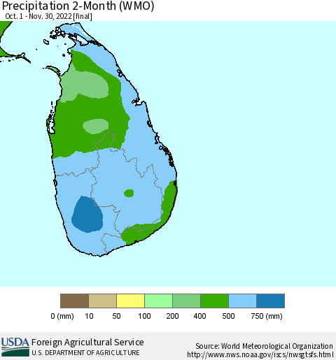 Sri Lanka Precipitation 2-Month (WMO) Thematic Map For 10/1/2022 - 11/30/2022