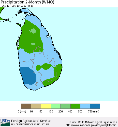 Sri Lanka Precipitation 2-Month (WMO) Thematic Map For 10/11/2022 - 12/10/2022