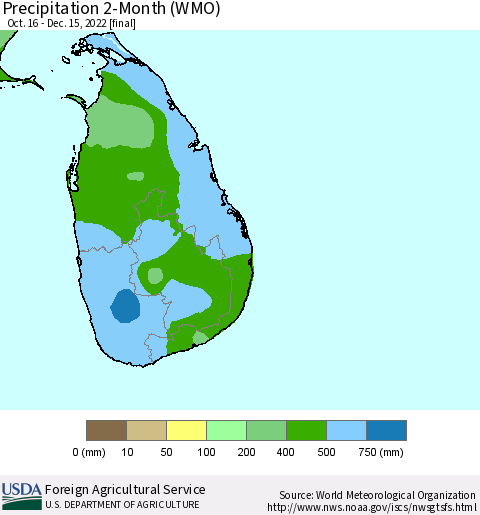 Sri Lanka Precipitation 2-Month (WMO) Thematic Map For 10/16/2022 - 12/15/2022