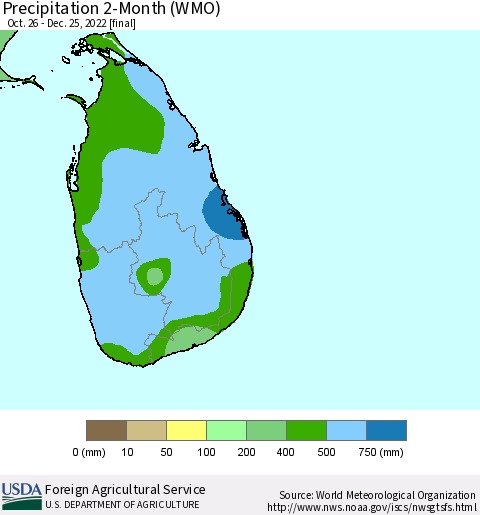 Sri Lanka Precipitation 2-Month (WMO) Thematic Map For 10/26/2022 - 12/25/2022