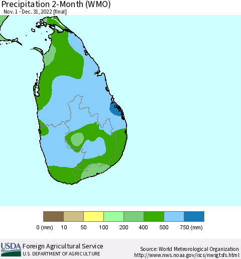 Sri Lanka Precipitation 2-Month (WMO) Thematic Map For 11/1/2022 - 12/31/2022