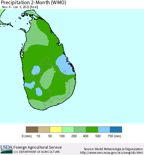 Sri Lanka Precipitation 2-Month (WMO) Thematic Map For 11/6/2022 - 1/5/2023