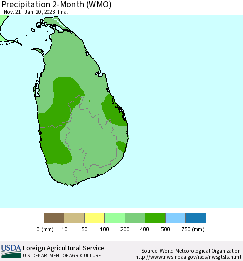 Sri Lanka Precipitation 2-Month (WMO) Thematic Map For 11/21/2022 - 1/20/2023