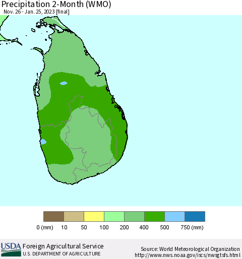 Sri Lanka Precipitation 2-Month (WMO) Thematic Map For 11/26/2022 - 1/25/2023