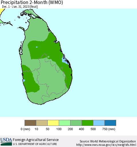 Sri Lanka Precipitation 2-Month (WMO) Thematic Map For 12/1/2022 - 1/31/2023