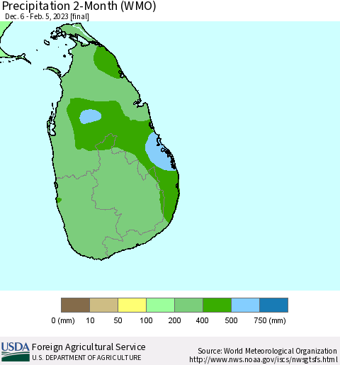 Sri Lanka Precipitation 2-Month (WMO) Thematic Map For 12/6/2022 - 2/5/2023