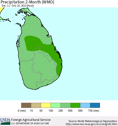 Sri Lanka Precipitation 2-Month (WMO) Thematic Map For 12/11/2022 - 2/10/2023