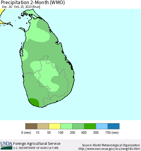 Sri Lanka Precipitation 2-Month (WMO) Thematic Map For 12/26/2022 - 2/25/2023