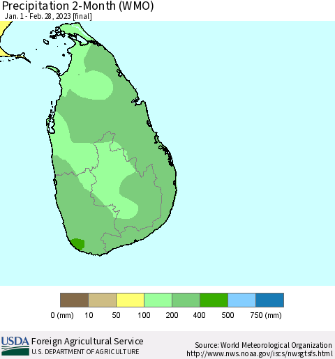 Sri Lanka Precipitation 2-Month (WMO) Thematic Map For 1/1/2023 - 2/28/2023