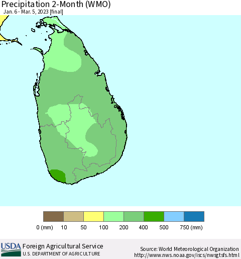 Sri Lanka Precipitation 2-Month (WMO) Thematic Map For 1/6/2023 - 3/5/2023