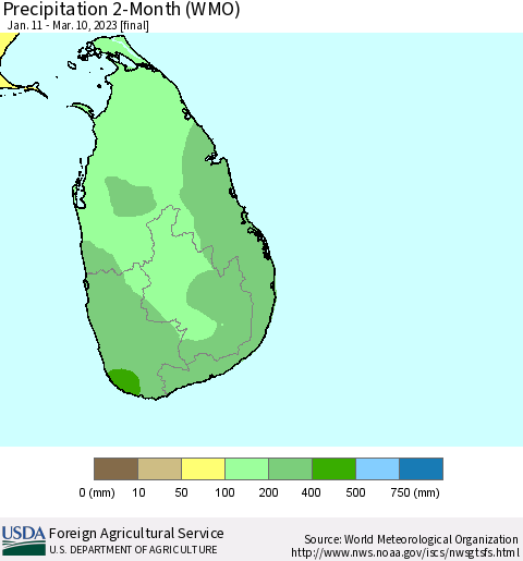 Sri Lanka Precipitation 2-Month (WMO) Thematic Map For 1/11/2023 - 3/10/2023