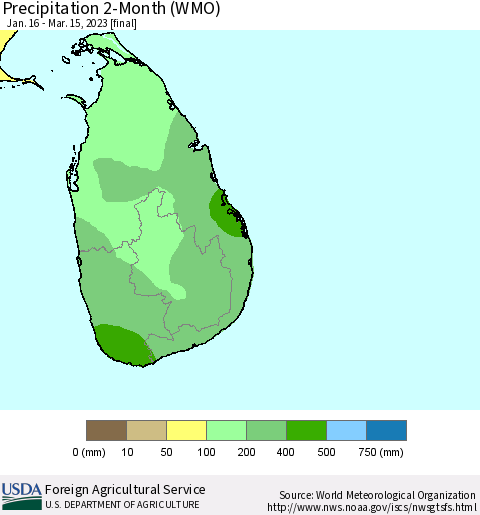 Sri Lanka Precipitation 2-Month (WMO) Thematic Map For 1/16/2023 - 3/15/2023