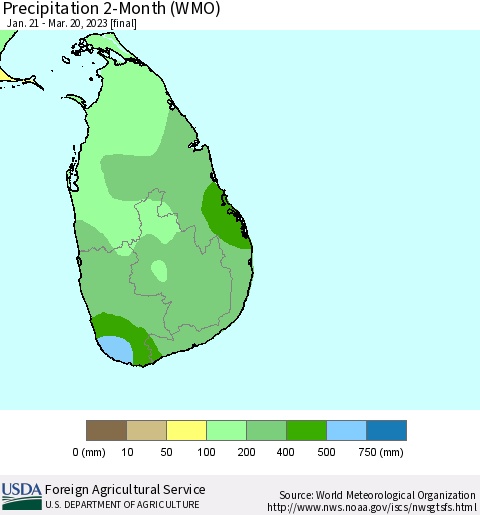 Sri Lanka Precipitation 2-Month (WMO) Thematic Map For 1/21/2023 - 3/20/2023