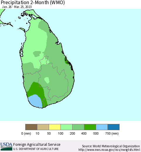 Sri Lanka Precipitation 2-Month (WMO) Thematic Map For 1/26/2023 - 3/25/2023