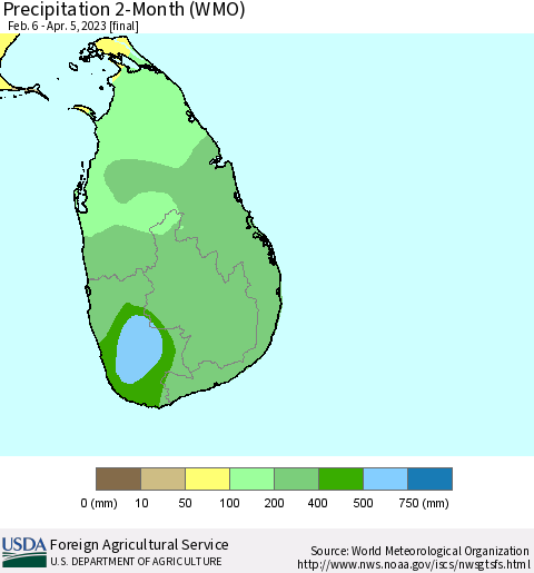 Sri Lanka Precipitation 2-Month (WMO) Thematic Map For 2/6/2023 - 4/5/2023