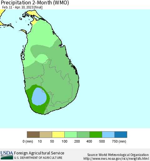 Sri Lanka Precipitation 2-Month (WMO) Thematic Map For 2/11/2023 - 4/10/2023