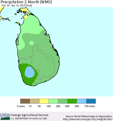 Sri Lanka Precipitation 2-Month (WMO) Thematic Map For 2/16/2023 - 4/15/2023