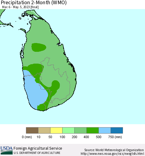 Sri Lanka Precipitation 2-Month (WMO) Thematic Map For 3/6/2023 - 5/5/2023