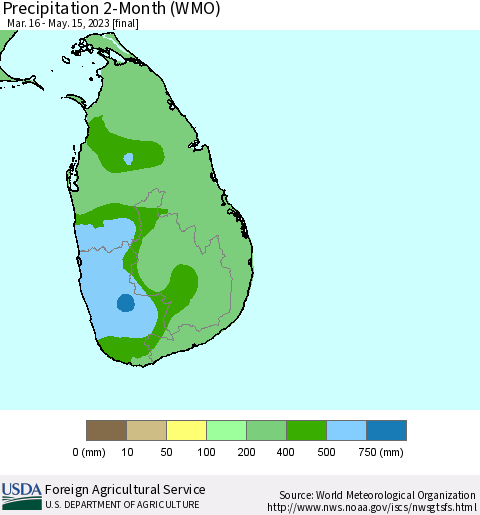 Sri Lanka Precipitation 2-Month (WMO) Thematic Map For 3/16/2023 - 5/15/2023