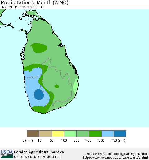 Sri Lanka Precipitation 2-Month (WMO) Thematic Map For 3/21/2023 - 5/20/2023