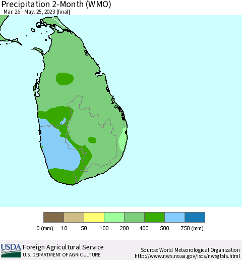 Sri Lanka Precipitation 2-Month (WMO) Thematic Map For 3/26/2023 - 5/25/2023