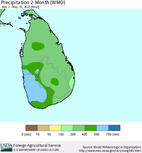 Sri Lanka Precipitation 2-Month (WMO) Thematic Map For 4/1/2023 - 5/31/2023