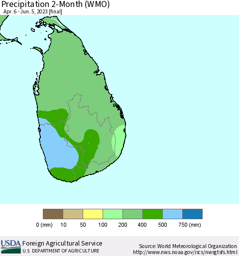 Sri Lanka Precipitation 2-Month (WMO) Thematic Map For 4/6/2023 - 6/5/2023