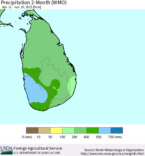 Sri Lanka Precipitation 2-Month (WMO) Thematic Map For 4/11/2023 - 6/10/2023