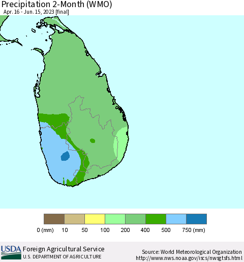 Sri Lanka Precipitation 2-Month (WMO) Thematic Map For 4/16/2023 - 6/15/2023
