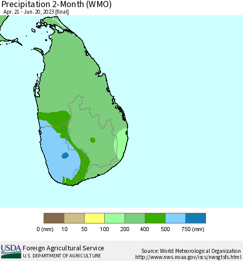 Sri Lanka Precipitation 2-Month (WMO) Thematic Map For 4/21/2023 - 6/20/2023