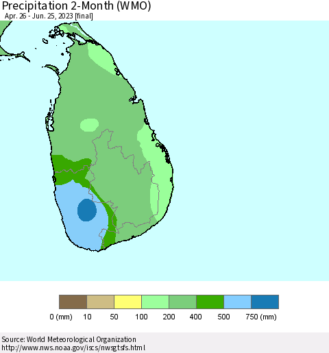 Sri Lanka Precipitation 2-Month (WMO) Thematic Map For 4/26/2023 - 6/25/2023